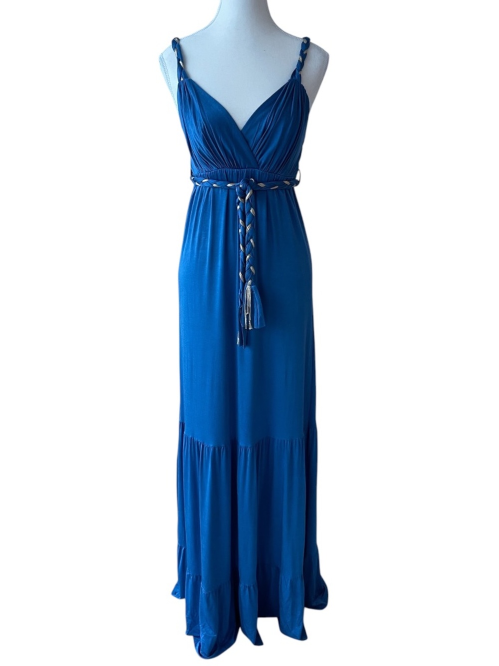 Blue Grecian Long Dress with Tie Belt and Gold Details Size Small New
